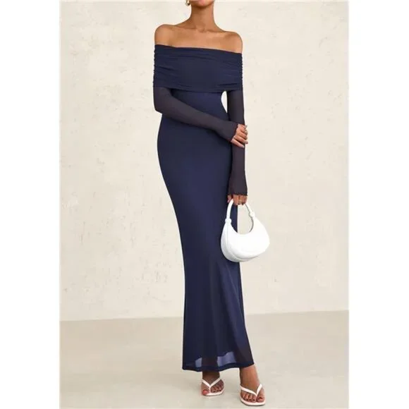 Women Elegant Off The Shoulder Maxi Dress Navy Blue - Picture 3 of 5